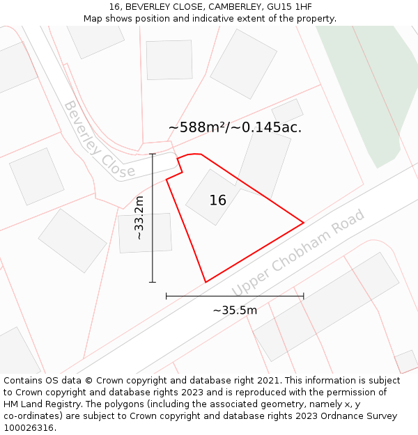 16, BEVERLEY CLOSE, CAMBERLEY, GU15 1HF: Plot and title map