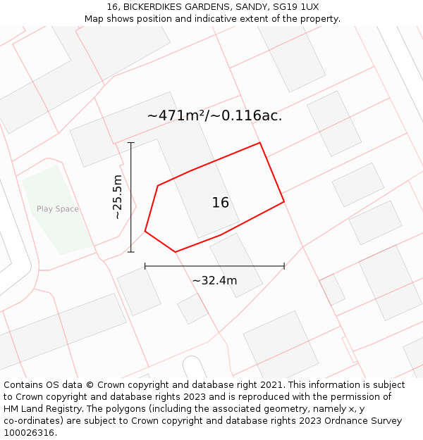 16, BICKERDIKES GARDENS, SANDY, SG19 1UX: Plot and title map