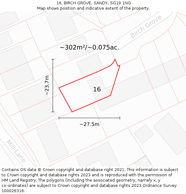 16, BIRCH GROVE, SANDY, SG19 1NG: Plot and title map