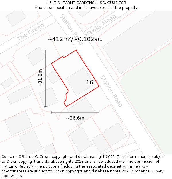 16, BISHEARNE GARDENS, LISS, GU33 7SB: Plot and title map