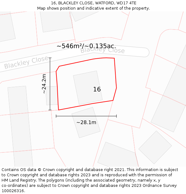 16, BLACKLEY CLOSE, WATFORD, WD17 4TE: Plot and title map
