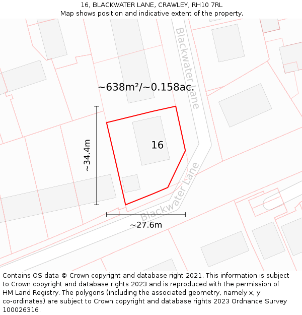 16, BLACKWATER LANE, CRAWLEY, RH10 7RL: Plot and title map