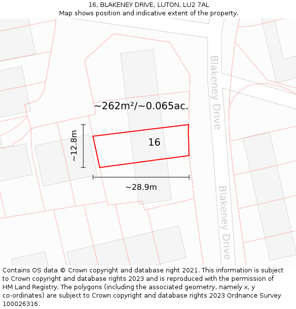 16, BLAKENEY DRIVE, LUTON, LU2 7AL: Plot and title map