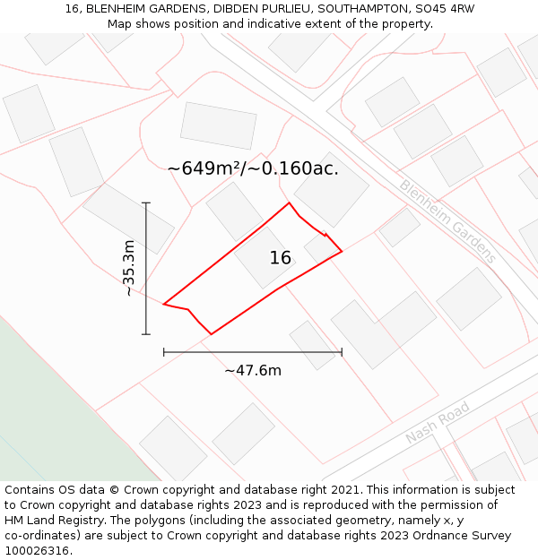 16, BLENHEIM GARDENS, DIBDEN PURLIEU, SOUTHAMPTON, SO45 4RW: Plot and title map