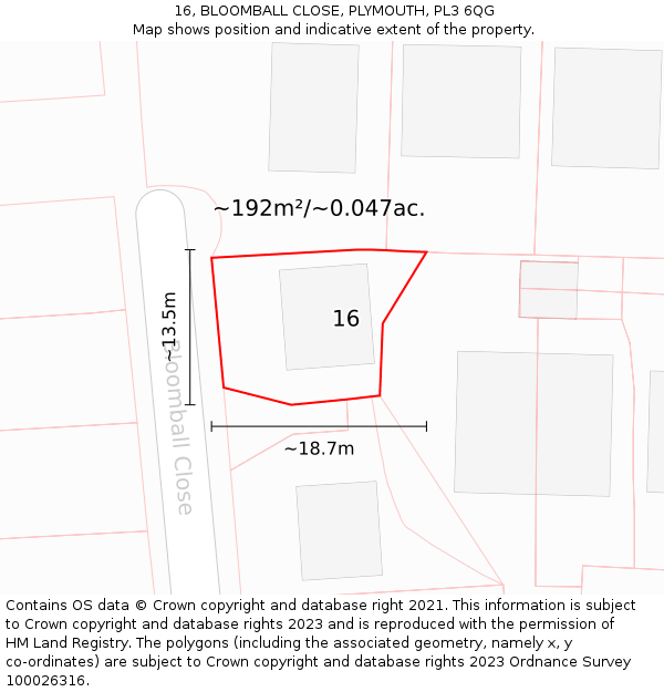 16, BLOOMBALL CLOSE, PLYMOUTH, PL3 6QG: Plot and title map