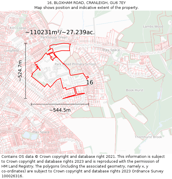 16, BLOXHAM ROAD, CRANLEIGH, GU6 7EY: Plot and title map