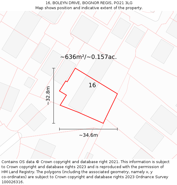 16, BOLEYN DRIVE, BOGNOR REGIS, PO21 3LG: Plot and title map