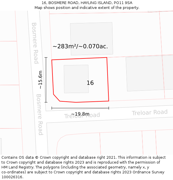 16, BOSMERE ROAD, HAYLING ISLAND, PO11 9SA: Plot and title map