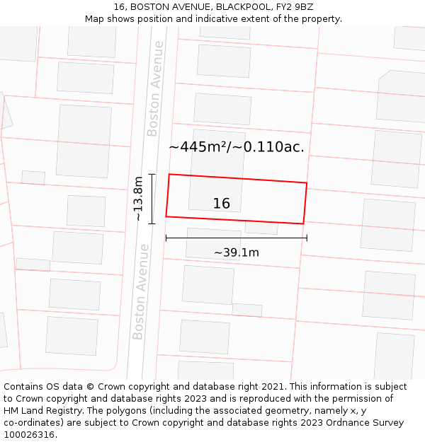 16, BOSTON AVENUE, BLACKPOOL, FY2 9BZ: Plot and title map