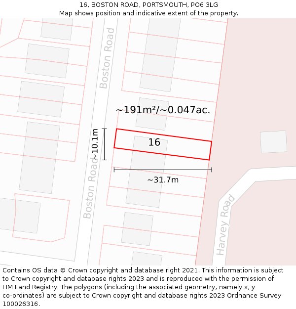 16, BOSTON ROAD, PORTSMOUTH, PO6 3LG: Plot and title map