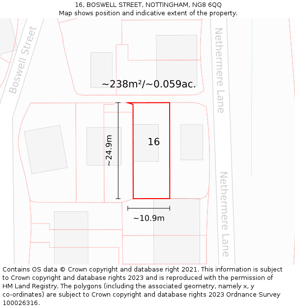 16, BOSWELL STREET, NOTTINGHAM, NG8 6QQ: Plot and title map