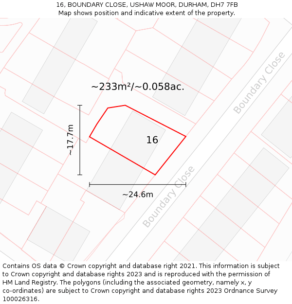 16, BOUNDARY CLOSE, USHAW MOOR, DURHAM, DH7 7FB: Plot and title map