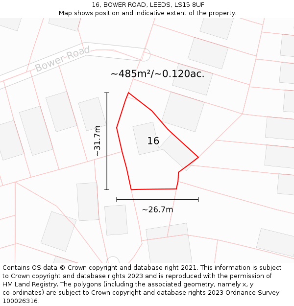 16, BOWER ROAD, LEEDS, LS15 8UF: Plot and title map