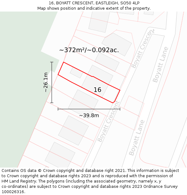 16, BOYATT CRESCENT, EASTLEIGH, SO50 4LP: Plot and title map