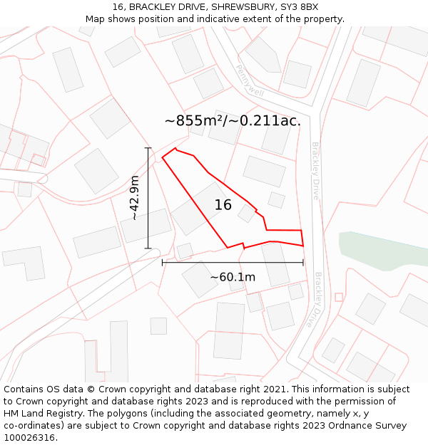 16, BRACKLEY DRIVE, SHREWSBURY, SY3 8BX: Plot and title map