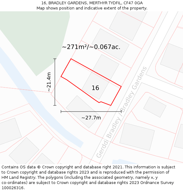 16, BRADLEY GARDENS, MERTHYR TYDFIL, CF47 0GA: Plot and title map