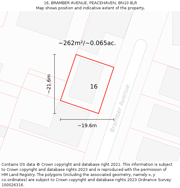 16, BRAMBER AVENUE, PEACEHAVEN, BN10 8LR: Plot and title map