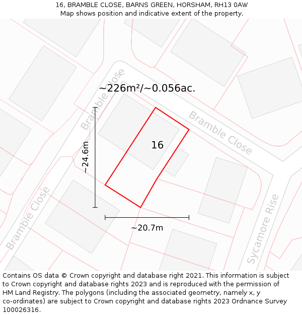 16, BRAMBLE CLOSE, BARNS GREEN, HORSHAM, RH13 0AW: Plot and title map