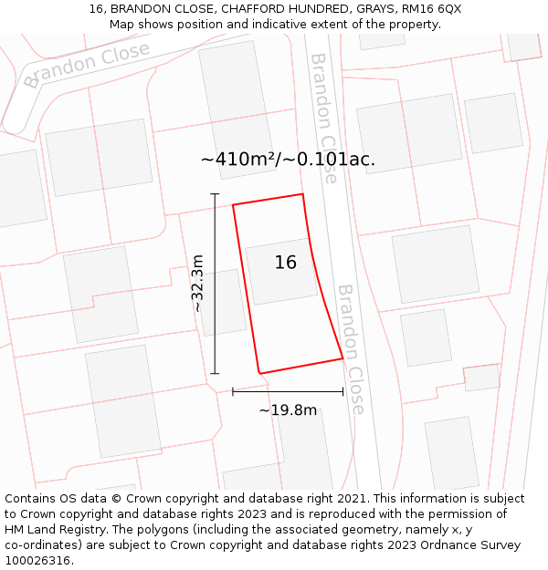 16, BRANDON CLOSE, CHAFFORD HUNDRED, GRAYS, RM16 6QX: Plot and title map