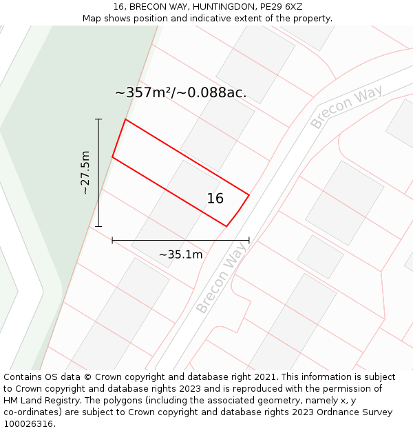 16, BRECON WAY, HUNTINGDON, PE29 6XZ: Plot and title map