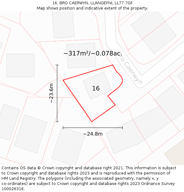 16, BRO CAERWYN, LLANGEFNI, LL77 7GF: Plot and title map