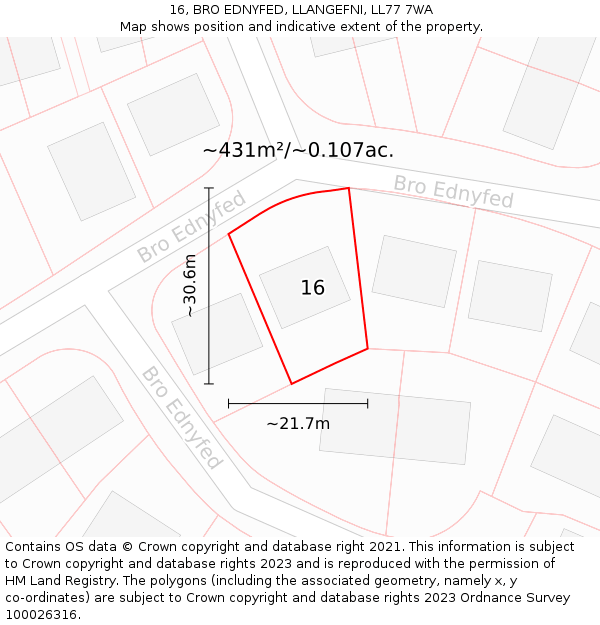 16, BRO EDNYFED, LLANGEFNI, LL77 7WA: Plot and title map