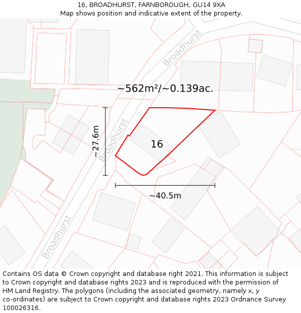 16, BROADHURST, FARNBOROUGH, GU14 9XA: Plot and title map