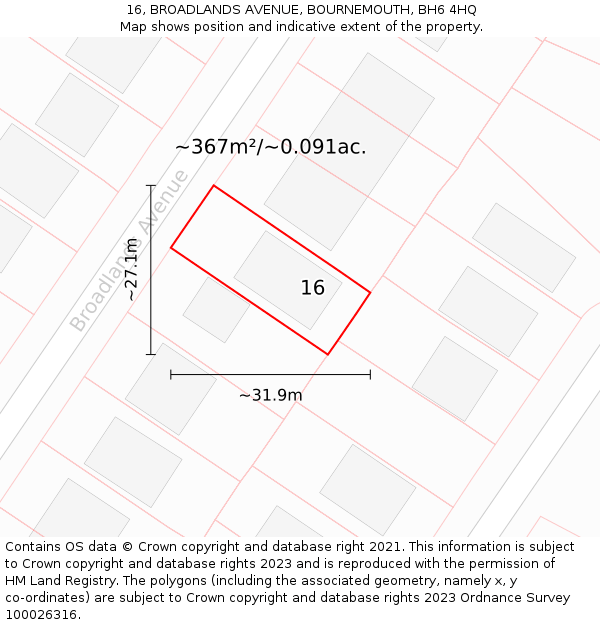 16, BROADLANDS AVENUE, BOURNEMOUTH, BH6 4HQ: Plot and title map