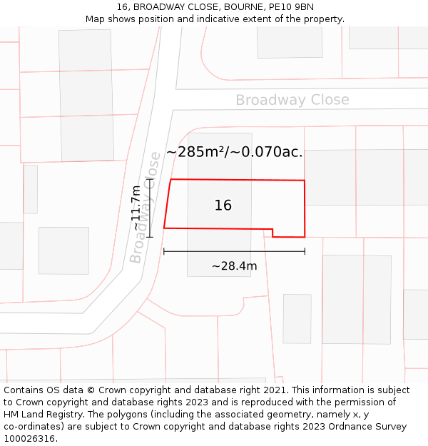 16, BROADWAY CLOSE, BOURNE, PE10 9BN: Plot and title map