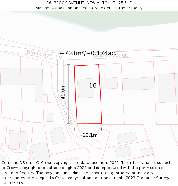 16, BROOK AVENUE, NEW MILTON, BH25 5HD: Plot and title map