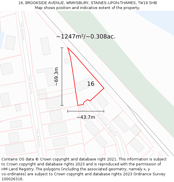 16, BROOKSIDE AVENUE, WRAYSBURY, STAINES-UPON-THAMES, TW19 5HB: Plot and title map