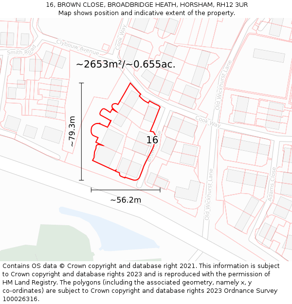 16, BROWN CLOSE, BROADBRIDGE HEATH, HORSHAM, RH12 3UR: Plot and title map