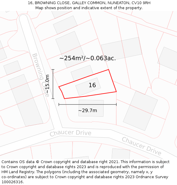 16, BROWNING CLOSE, GALLEY COMMON, NUNEATON, CV10 9RH: Plot and title map