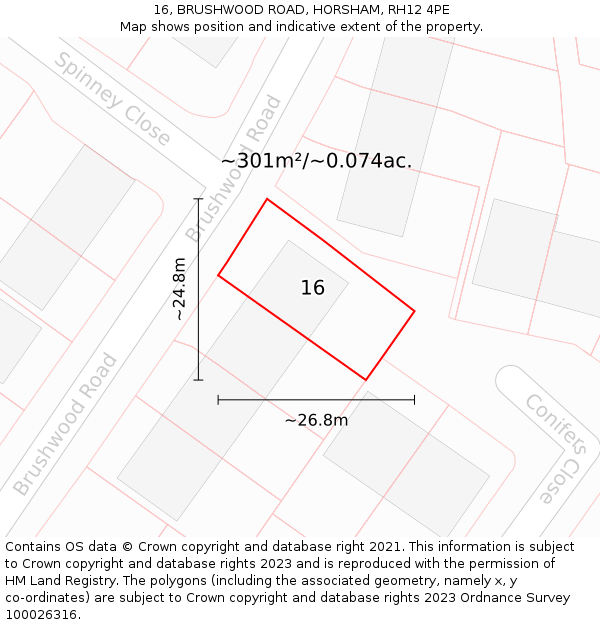 16, BRUSHWOOD ROAD, HORSHAM, RH12 4PE: Plot and title map