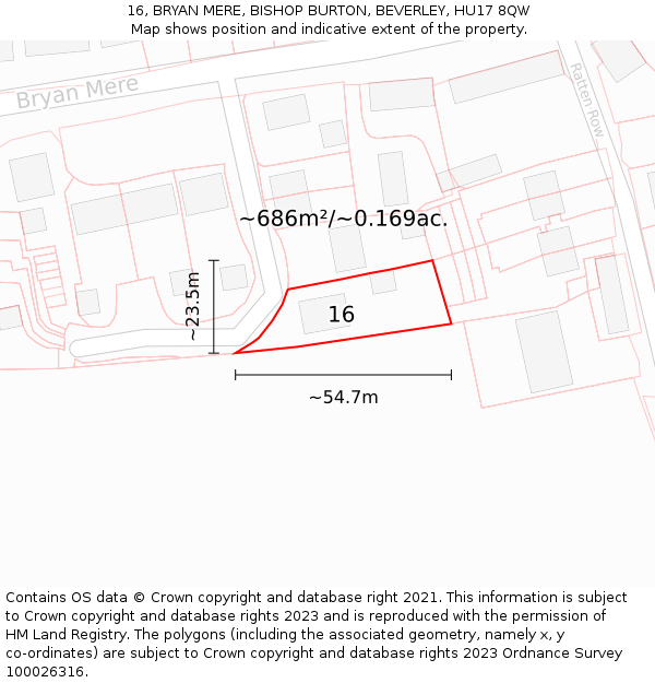 16, BRYAN MERE, BISHOP BURTON, BEVERLEY, HU17 8QW: Plot and title map