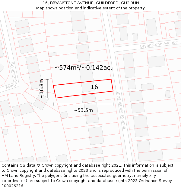 16, BRYANSTONE AVENUE, GUILDFORD, GU2 9UN: Plot and title map