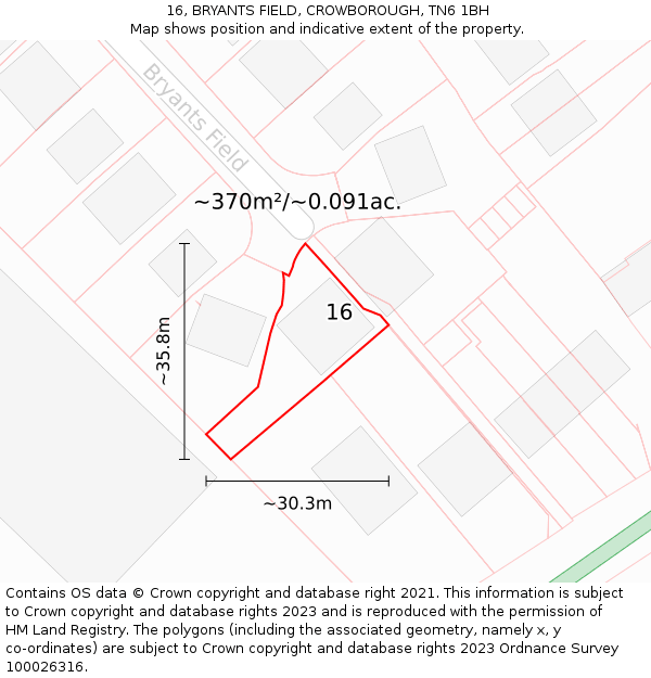 16, BRYANTS FIELD, CROWBOROUGH, TN6 1BH: Plot and title map