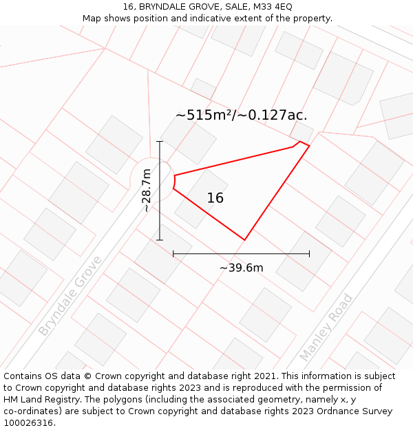 16, BRYNDALE GROVE, SALE, M33 4EQ: Plot and title map