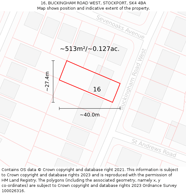 16, BUCKINGHAM ROAD WEST, STOCKPORT, SK4 4BA: Plot and title map