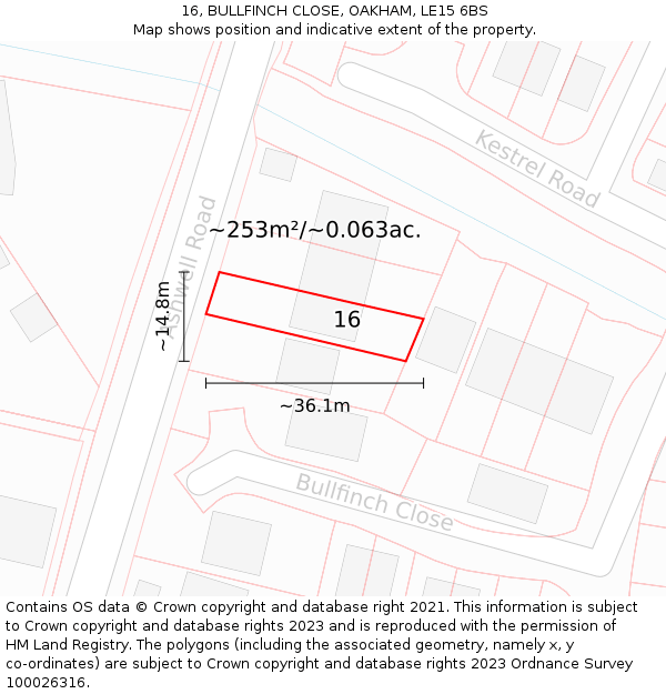 16, BULLFINCH CLOSE, OAKHAM, LE15 6BS: Plot and title map