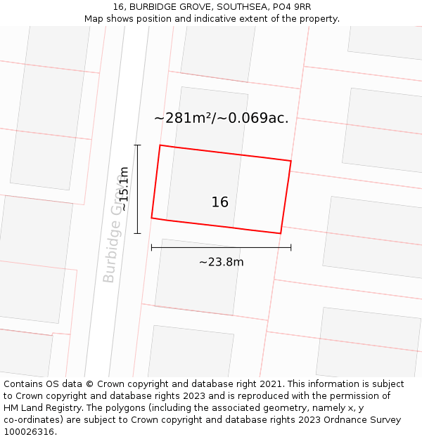 16, BURBIDGE GROVE, SOUTHSEA, PO4 9RR: Plot and title map