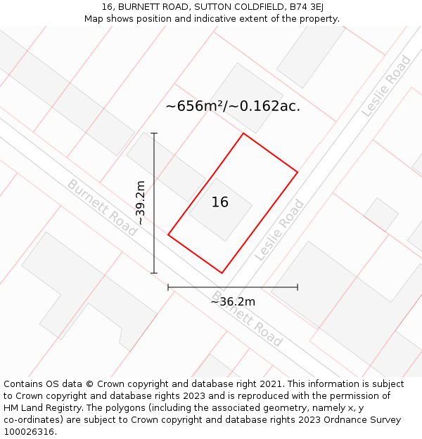 16, BURNETT ROAD, SUTTON COLDFIELD, B74 3EJ: Plot and title map