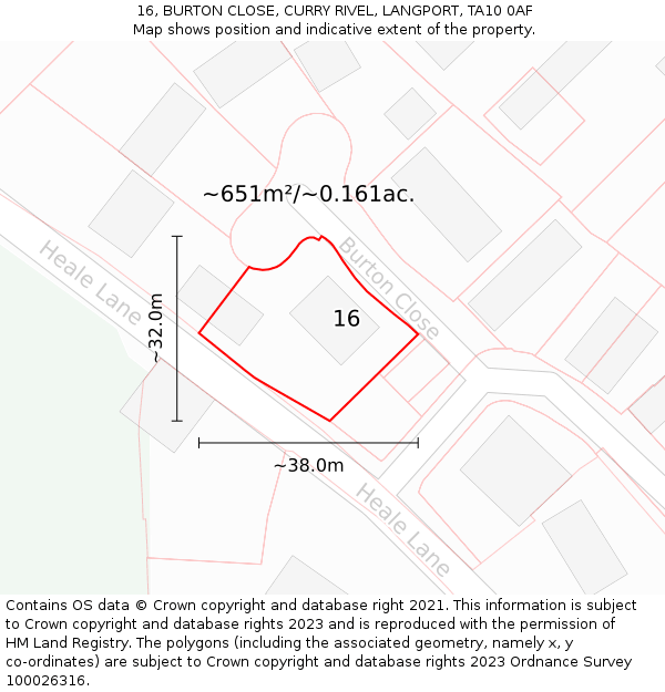 16, BURTON CLOSE, CURRY RIVEL, LANGPORT, TA10 0AF: Plot and title map