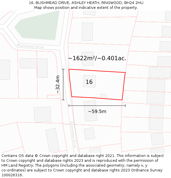 16, BUSHMEAD DRIVE, ASHLEY HEATH, RINGWOOD, BH24 2HU: Plot and title map