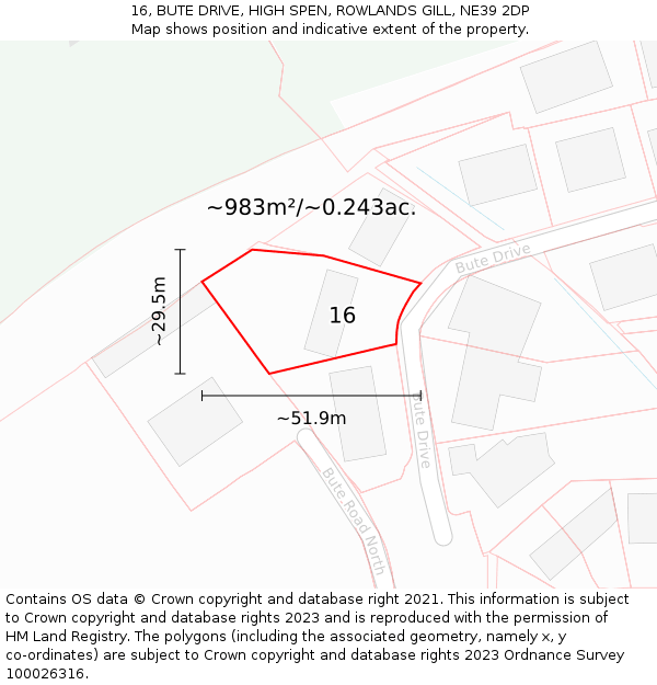 16, BUTE DRIVE, HIGH SPEN, ROWLANDS GILL, NE39 2DP: Plot and title map