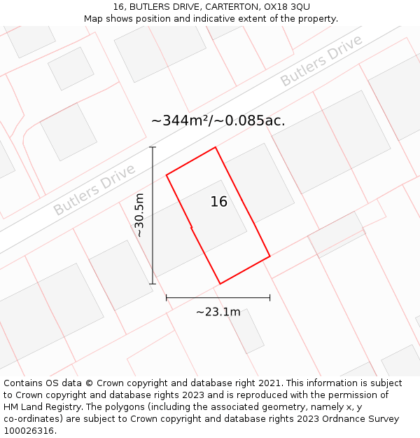 16, BUTLERS DRIVE, CARTERTON, OX18 3QU: Plot and title map