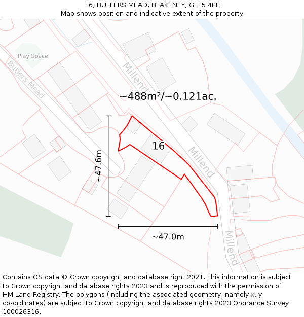 16, BUTLERS MEAD, BLAKENEY, GL15 4EH: Plot and title map