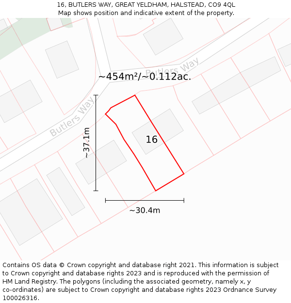16, BUTLERS WAY, GREAT YELDHAM, HALSTEAD, CO9 4QL: Plot and title map