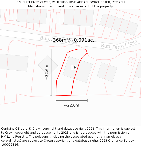 16, BUTT FARM CLOSE, WINTERBOURNE ABBAS, DORCHESTER, DT2 9SU: Plot and title map