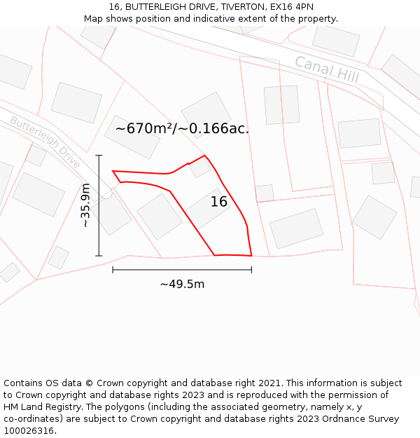 16, BUTTERLEIGH DRIVE, TIVERTON, EX16 4PN: Plot and title map